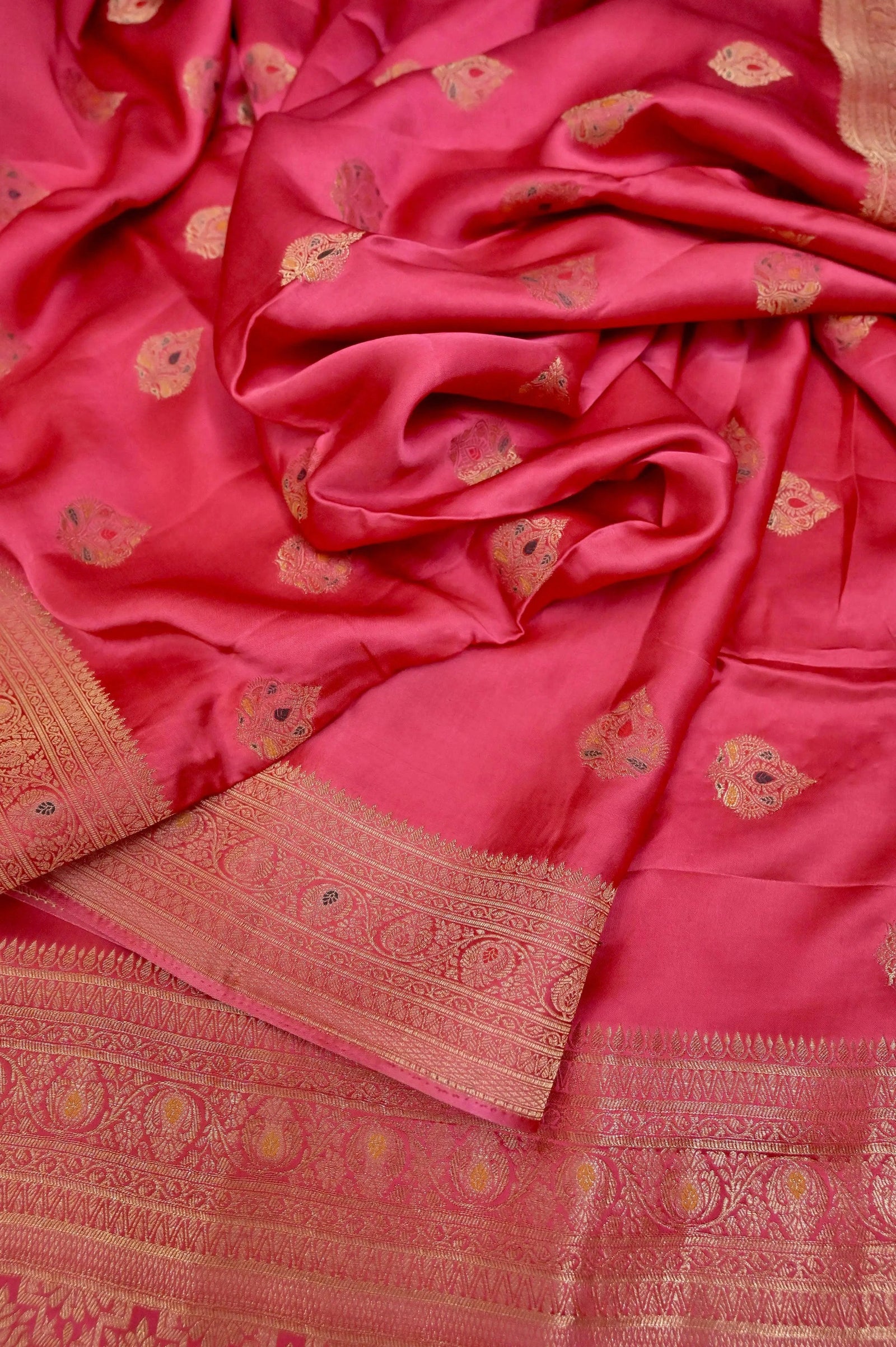 Blush Red Color Mashru Banarasi With Meenakari Work