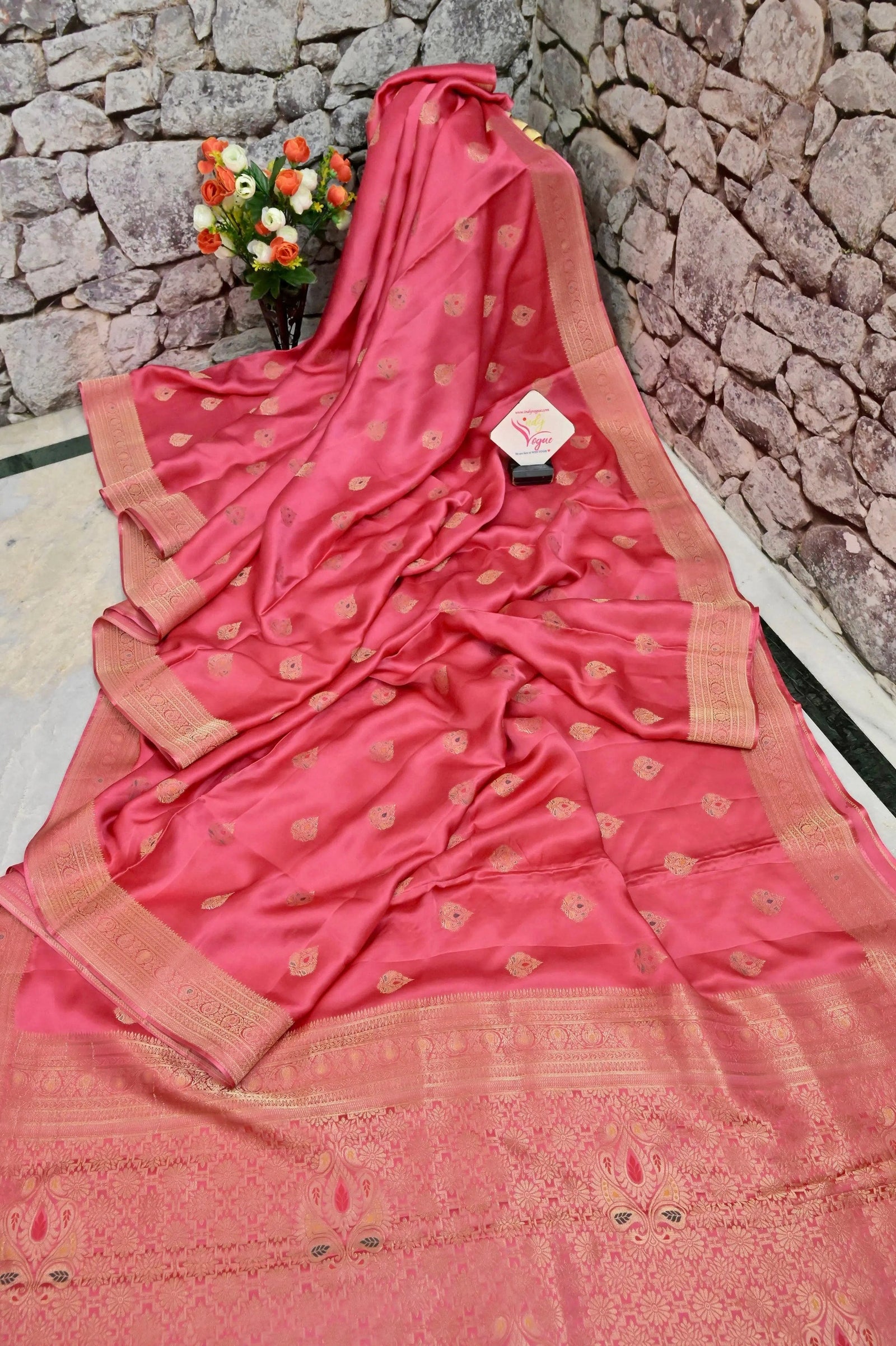 Blush Red Color Mashru Banarasi With Meenakari Work