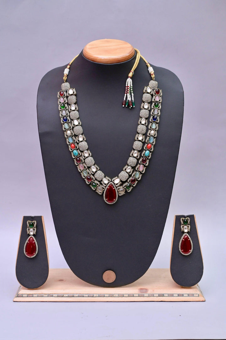 Boho Style Long Necklace Set with Monalisa Stone Work
