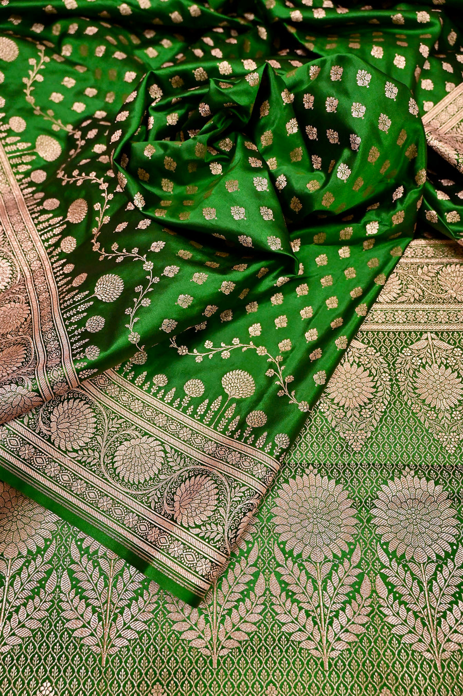 Bottle Green Color Semi Mashru Banarasi Saree with Golden Zari Work