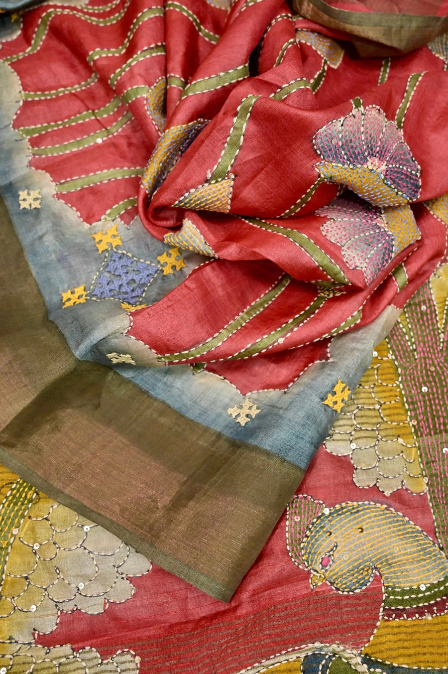 Burnt Red Color Pure Tussar Silk Saree with Zari Border and Hand Paint with Kantha Embroidery