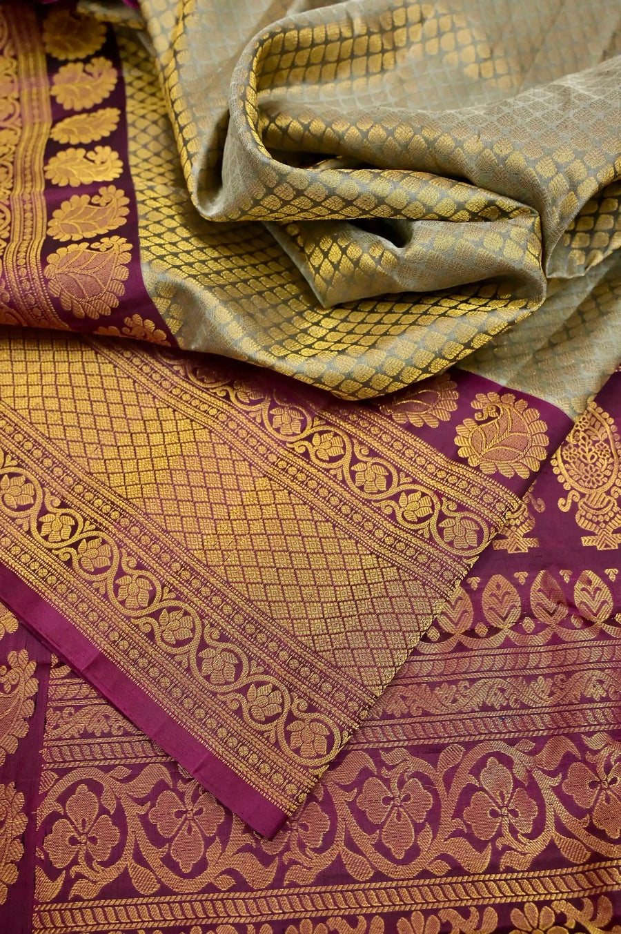 Cement and Golden Dual Tone Gadwal Silk Saree with Allover Brocade and Broad Kanchi Border