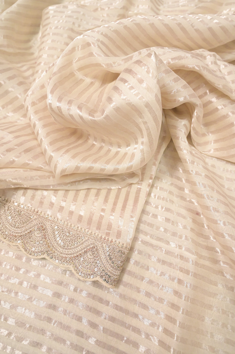 Chanderi Silk Saree in Offwhite Color with Silver Zari Stripe Allover with Designer Zari Border