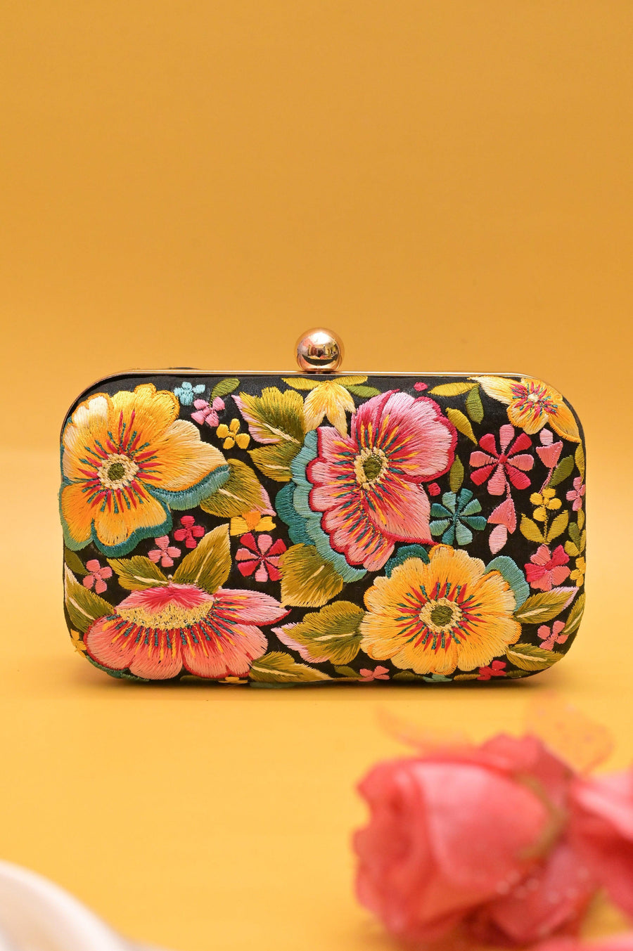 Coal Black Color Clutch Bag with Multi-Colored Parsi Gara Hand Embroidery Work