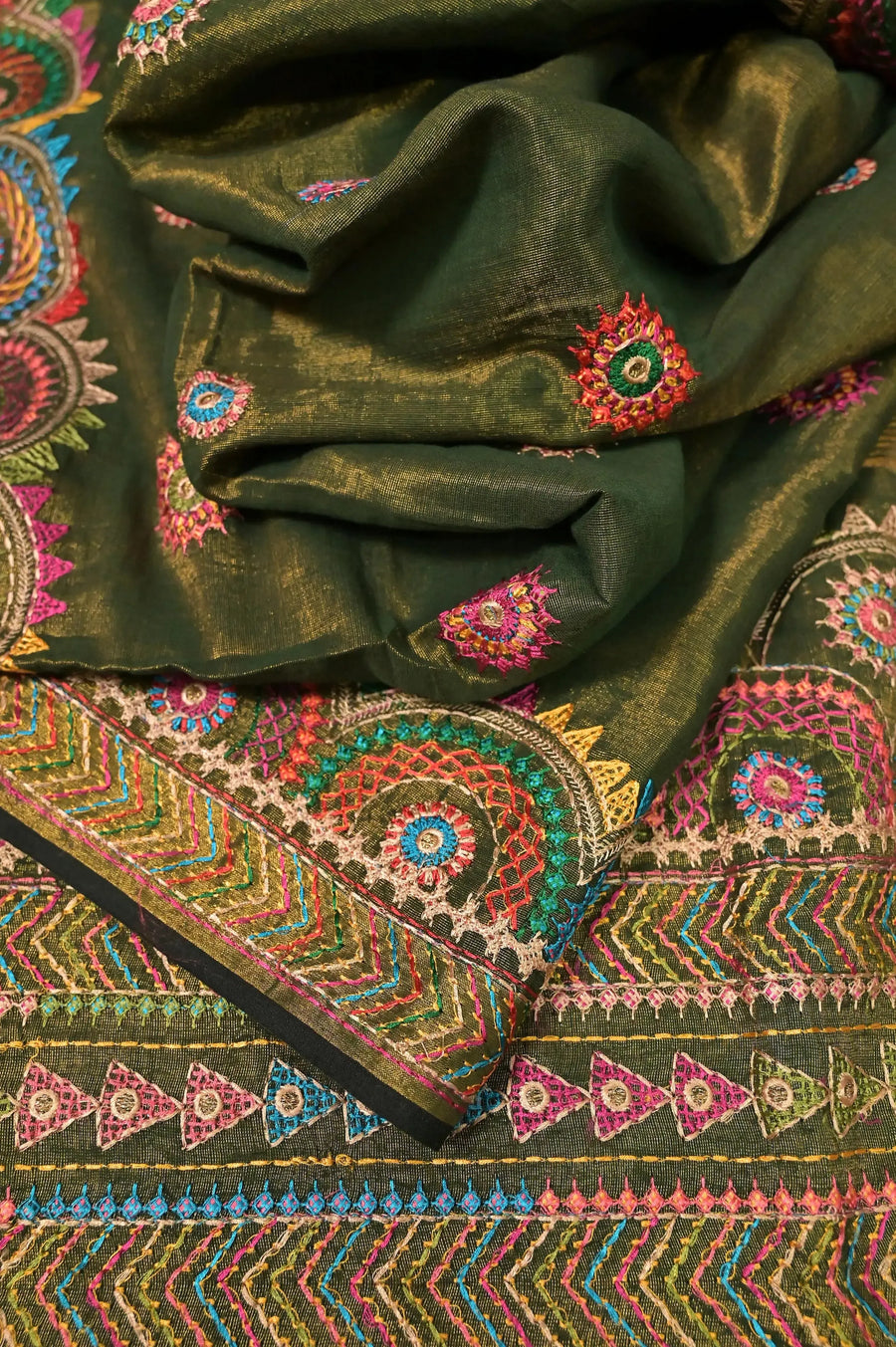 Cotton Tissue Saree in Dark Green and Golden with Allover Lambani Embroidery and Golden Border
