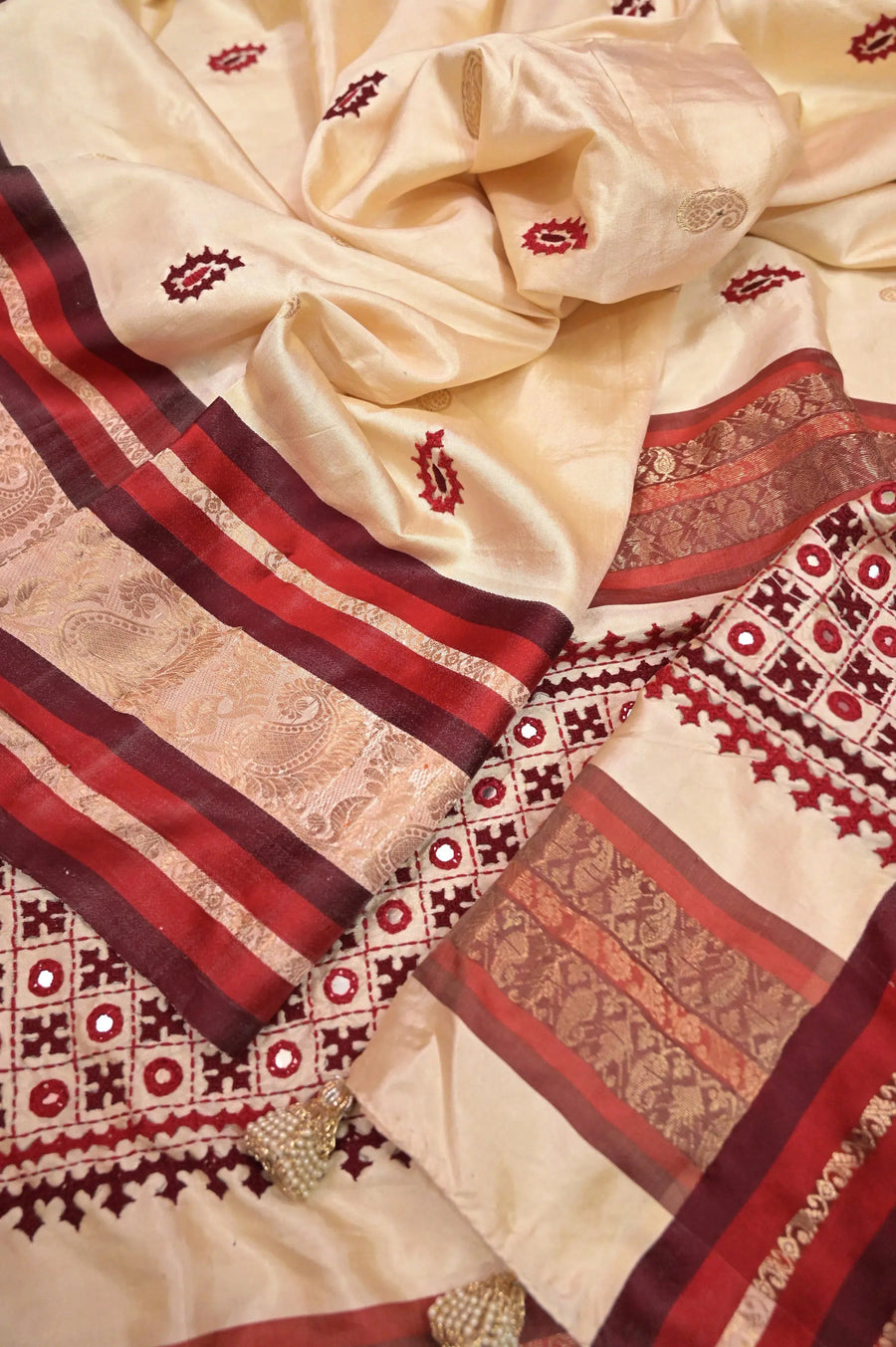 Cream and Red Color Pure Garad Saree with Satin Border and with Zari Buti and Gujrati Stitch