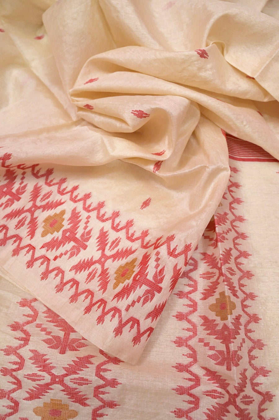 Cream and Red Color Tantuja Tussar Jamdani Saree