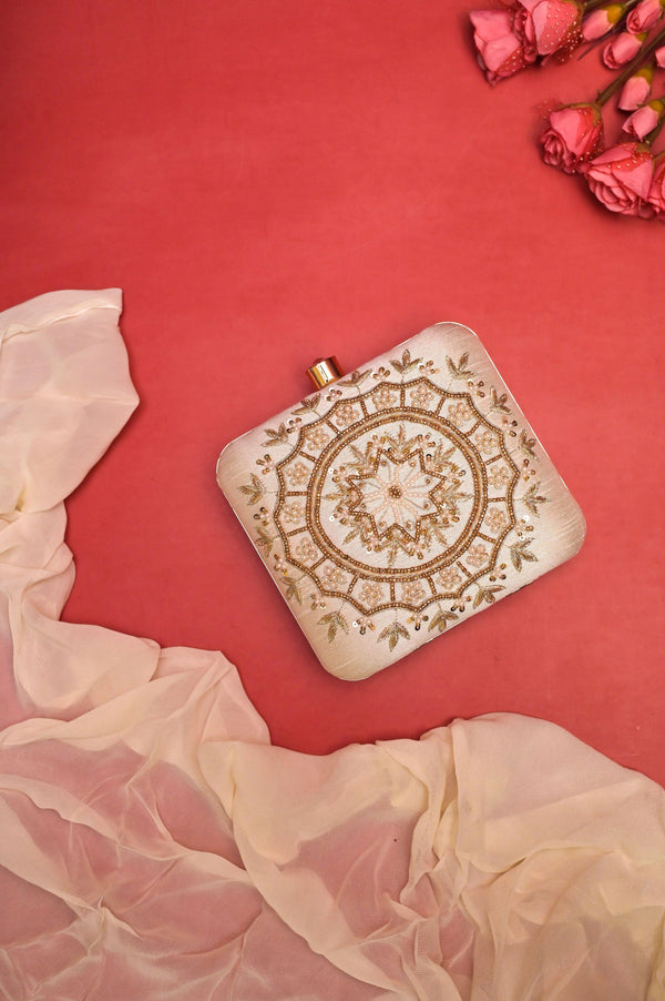 Cream White Color Box Clutch Bag with Zari and Pearl Embroidery