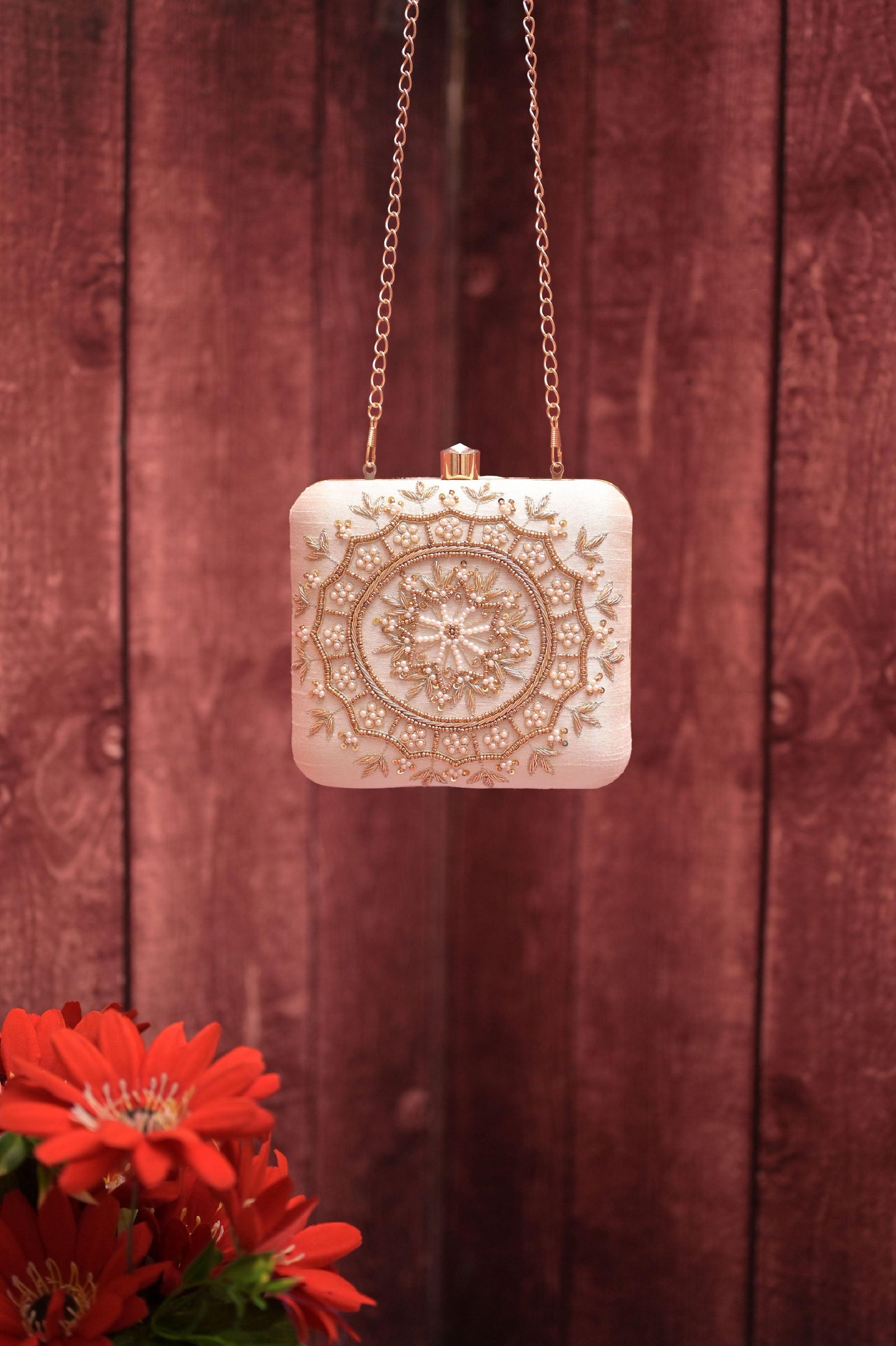 Cream White Color Box Clutch Bag with Zari and Pearl Embroidery