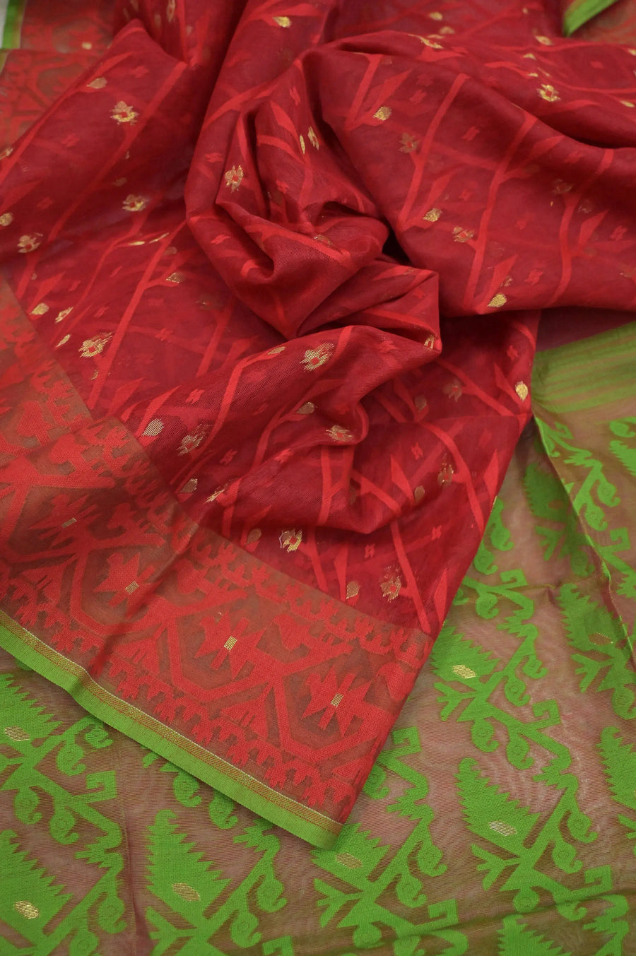 Dark Red Color Jamdani Saree with Allover Weaving and Contrast Pallu