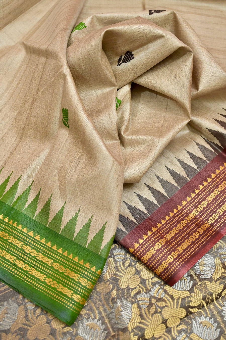 Dark Sandal Color Vidarbha Tussar Silk Saree with Ganga Jamuna Border