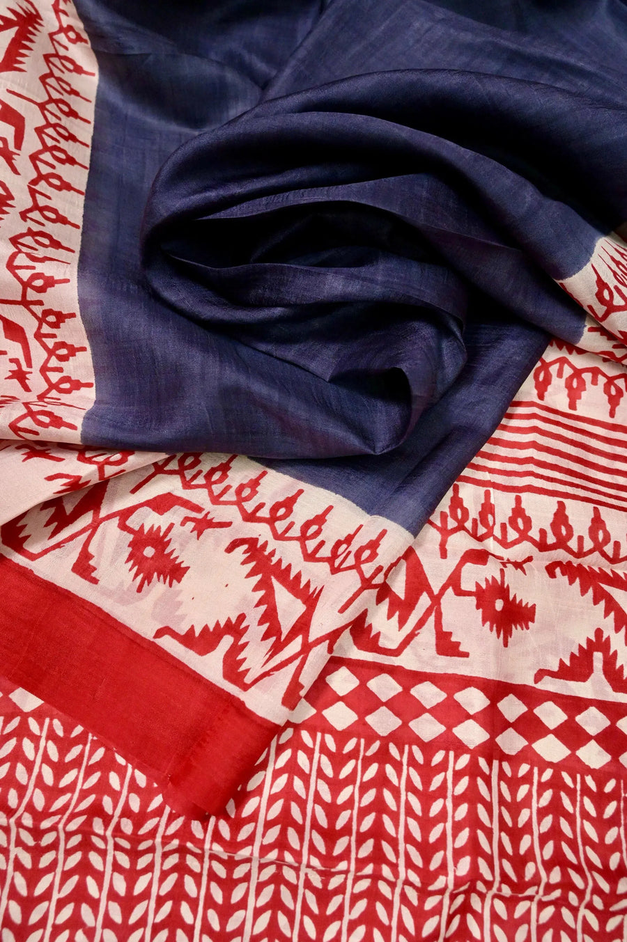 Dark Steel Grey Color Pure Bishnupuri Silk Saree with Block Print