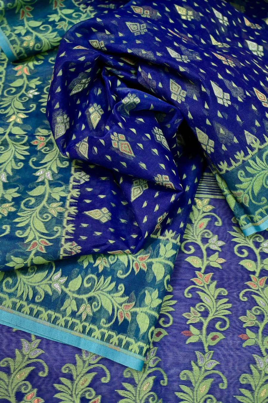 Deep Blue and Aqua Green Color Jamdani Saree with Allover Weaving Work