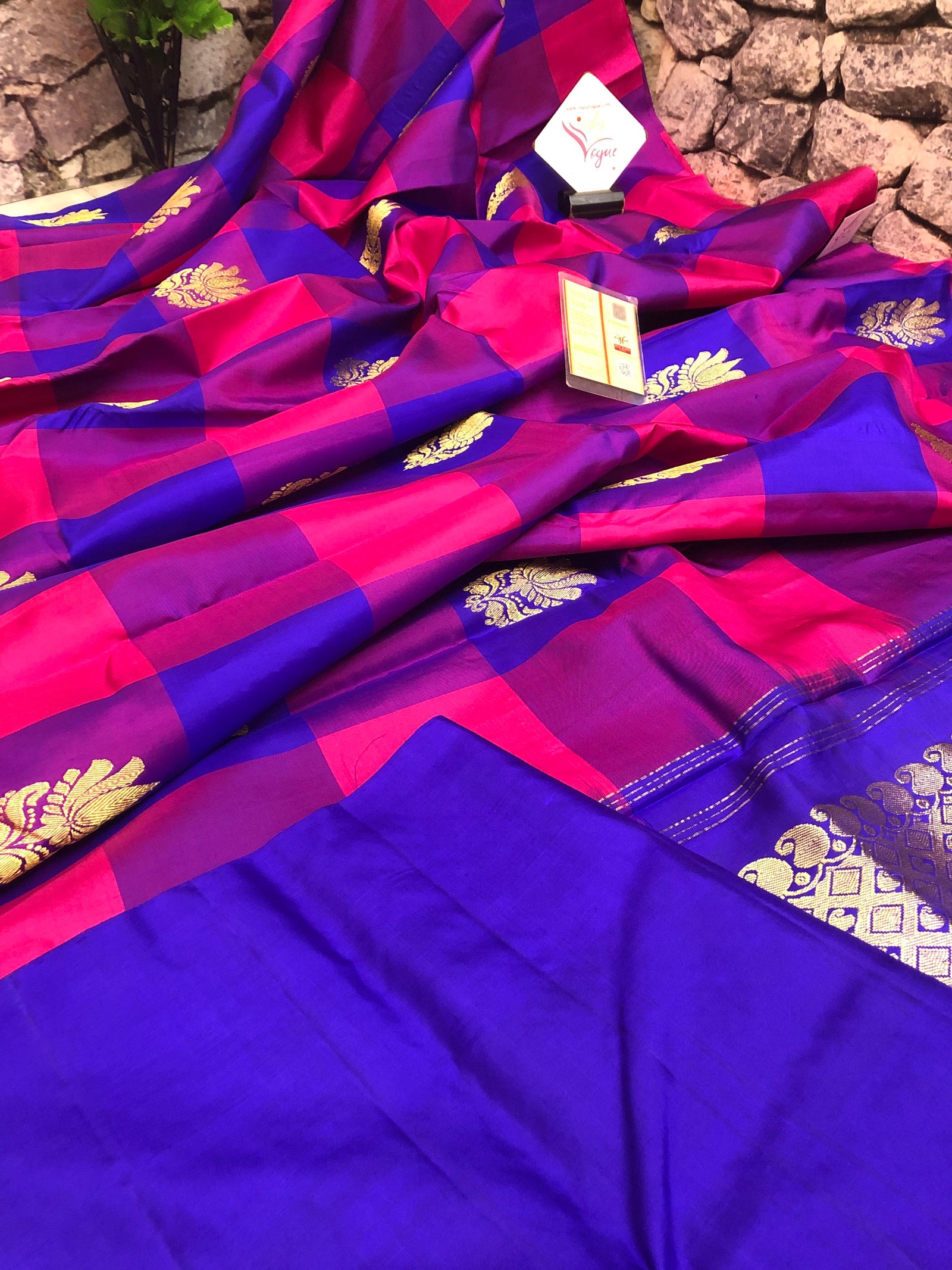 Deep Blue and Magenta Color Kanjeevaram Silk Saree with Checks
