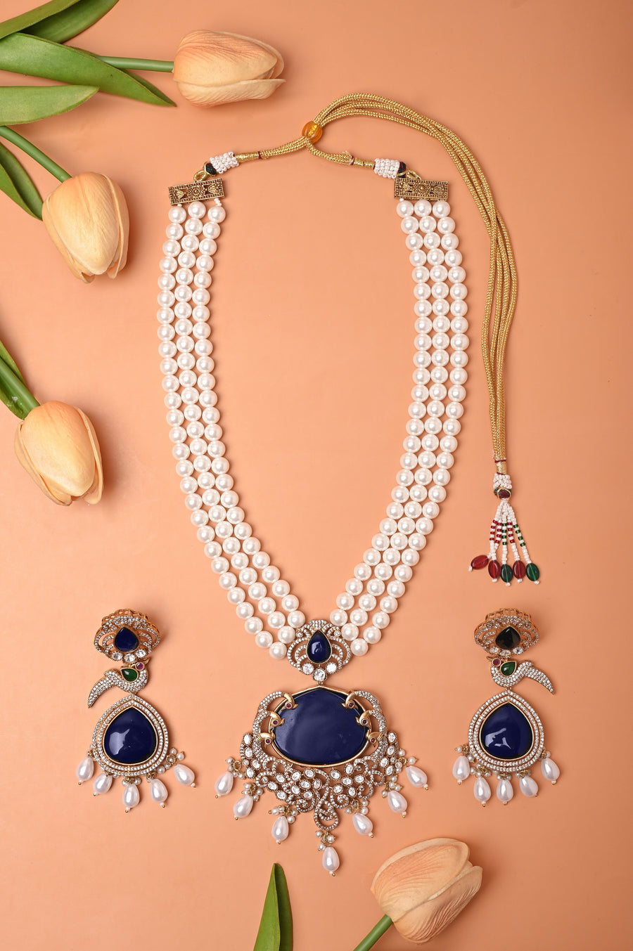 Deep Blue and Shaded Sitahar Necklace Set with AD Stonework and Layered Pearl String
