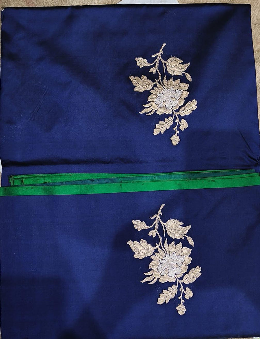 Deep Blue Color Katan Banarasi Silk Saree with Allover Golden and Silver Zari Butta Work