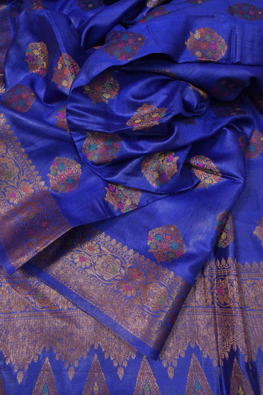 Deep Blue Color Pure Muga Silk Saree with Antique Zari Work and Meenakari Buti Pallu and Border