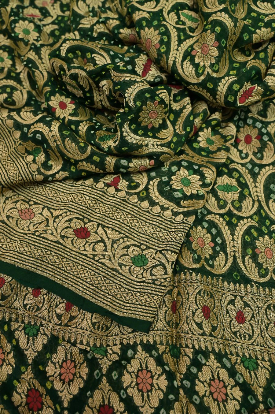 Deep Green Color Pure Georgette Banarasi Saree with Rai Bandhej Zari and Meenakari Work