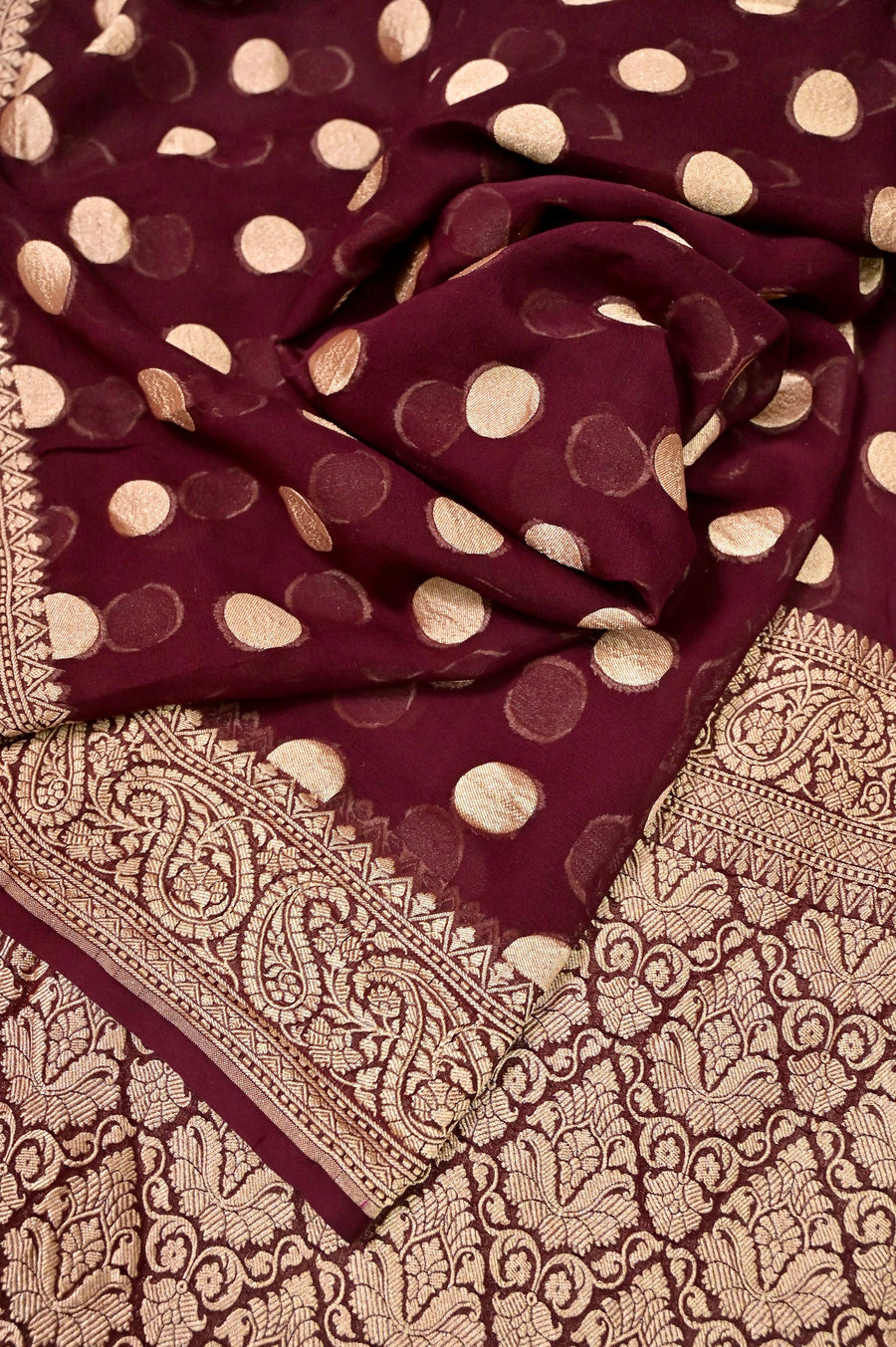 Deep Maroon Color Pure Khaddi Georgette Banarasi with Polka Dot Zari Work