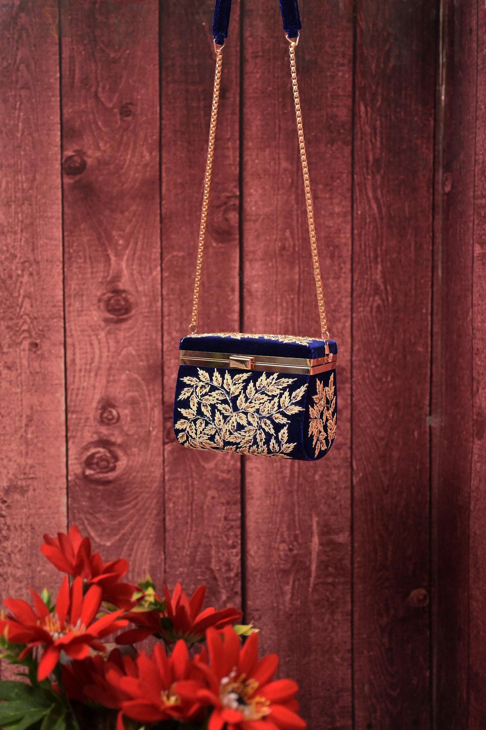 Deep Navy Blue Color Velvet Box Clutch Bag with Hand Zardosi Work