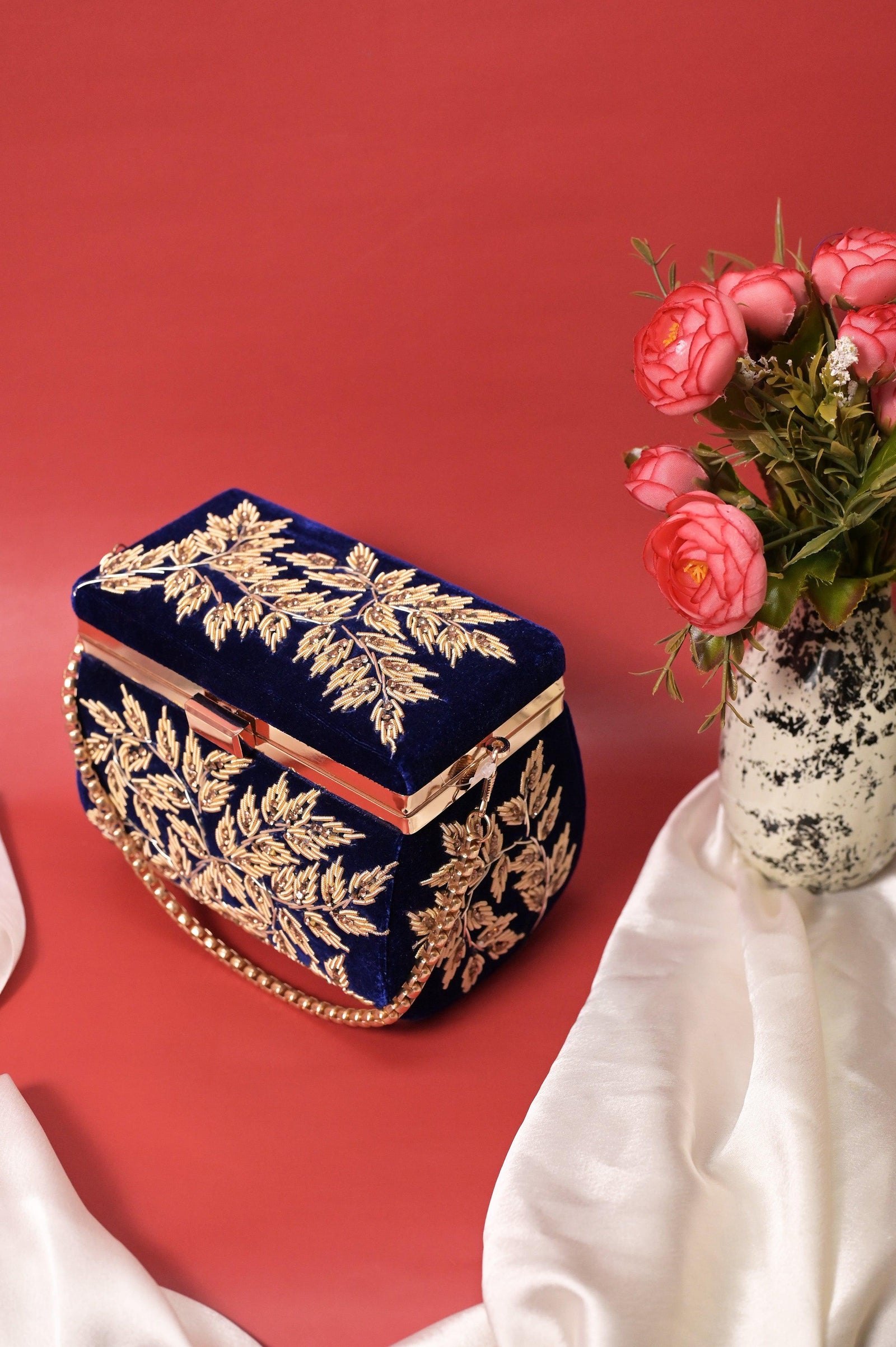 Deep Navy Blue Color Velvet Box Clutch Bag with Hand Zardosi Work