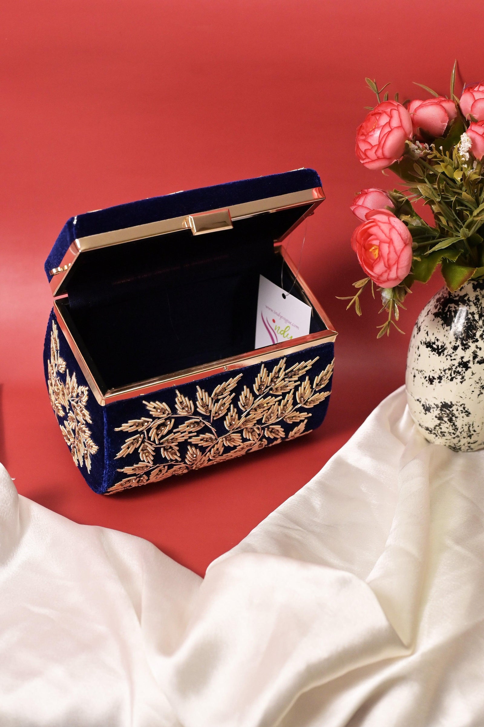 Deep Navy Blue Color Velvet Box Clutch Bag with Hand Zardosi Work