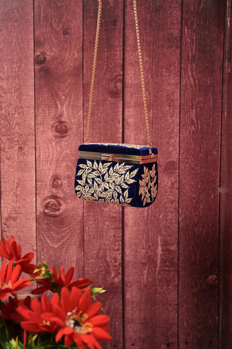 Deep Navy Blue Color Velvet Box Clutch Bag with Hand Zardosi Work