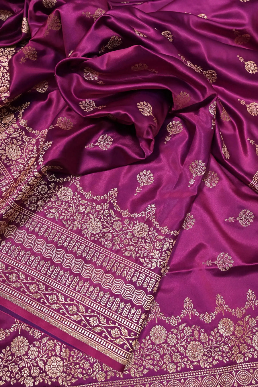 Deep Onion Pink Color Mashru Banarasi Silk Saree with Allover Golden Zari Butta Work