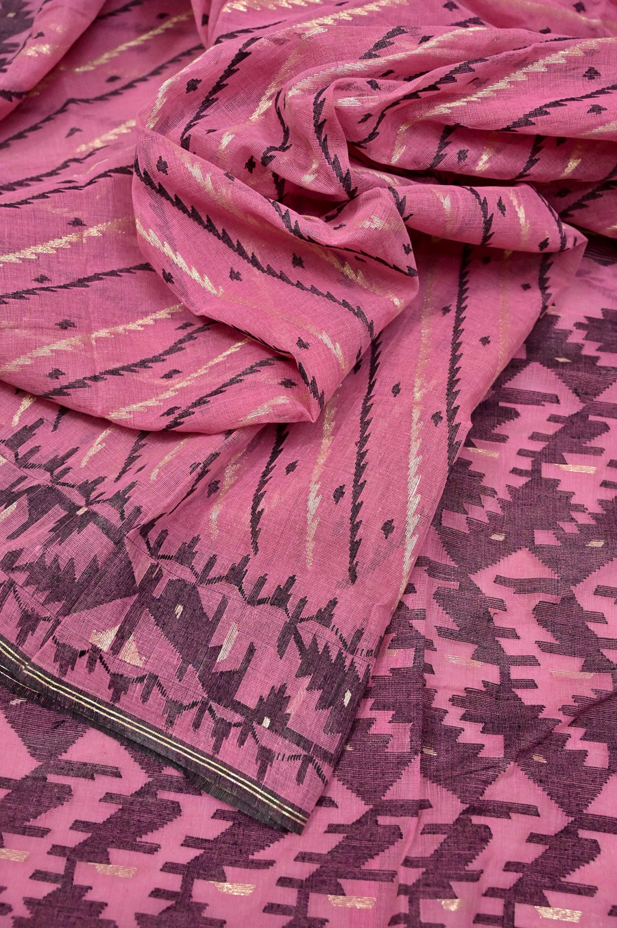 Deep Pink and Black Color Pure Bangladeshi Jamdani Saree with Allover Karat Work