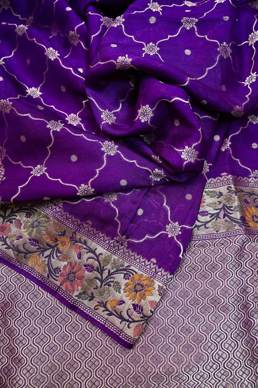 Deep Purple Color Tussar Georgette Saree with Allover Silver Meenakari with Paithani Border