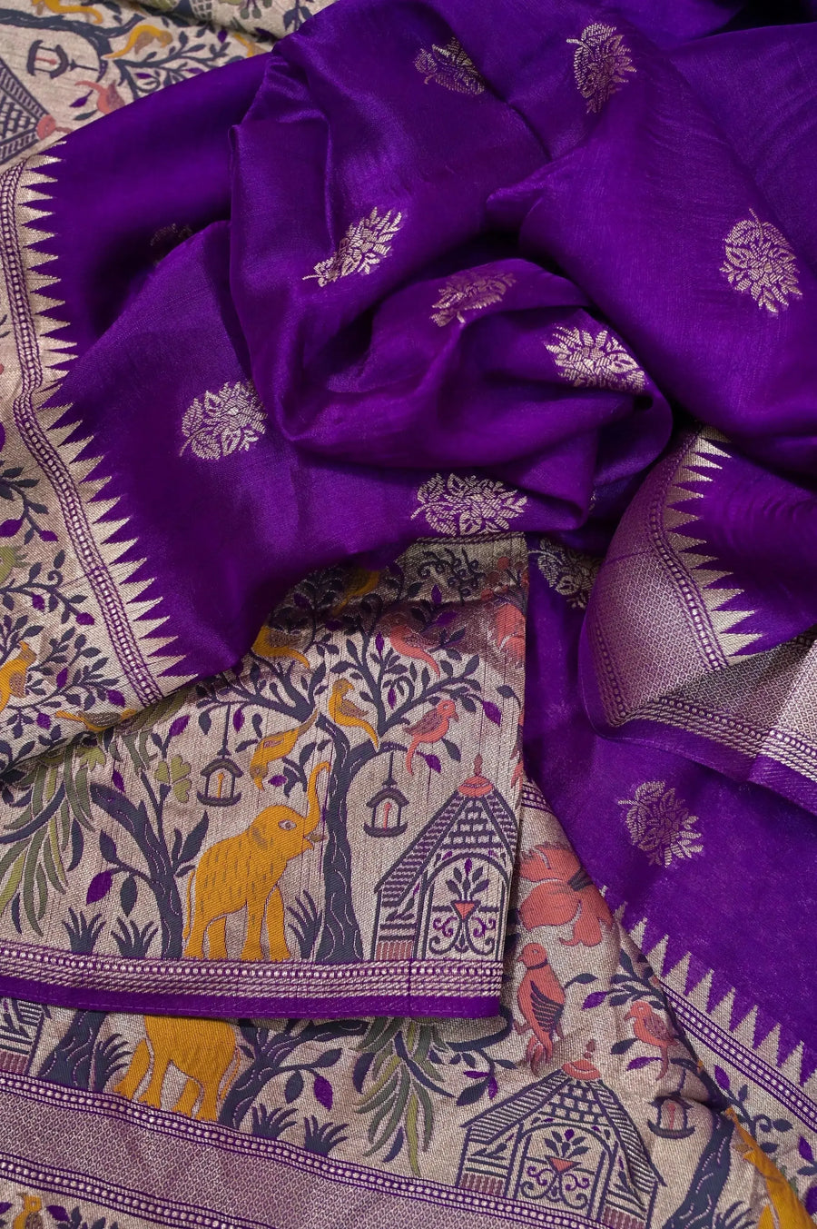 Deep Purple Color Tussar Georgette Saree with Paithani Border and Silver Zari Buti Work