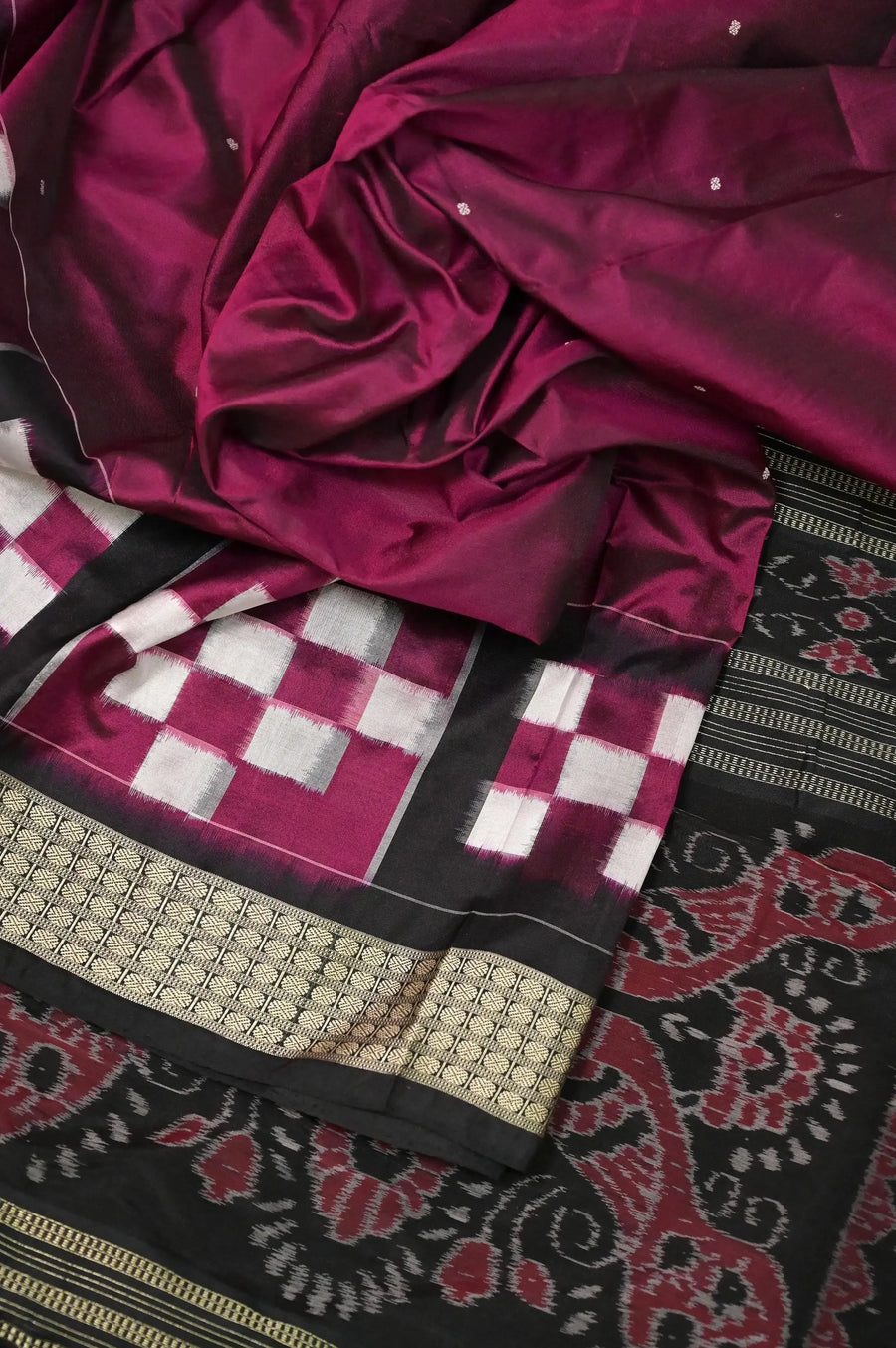 Deep Wine and Black Color Pure Sambalpuri Silk with Bomkai Border and Pasapalli Design