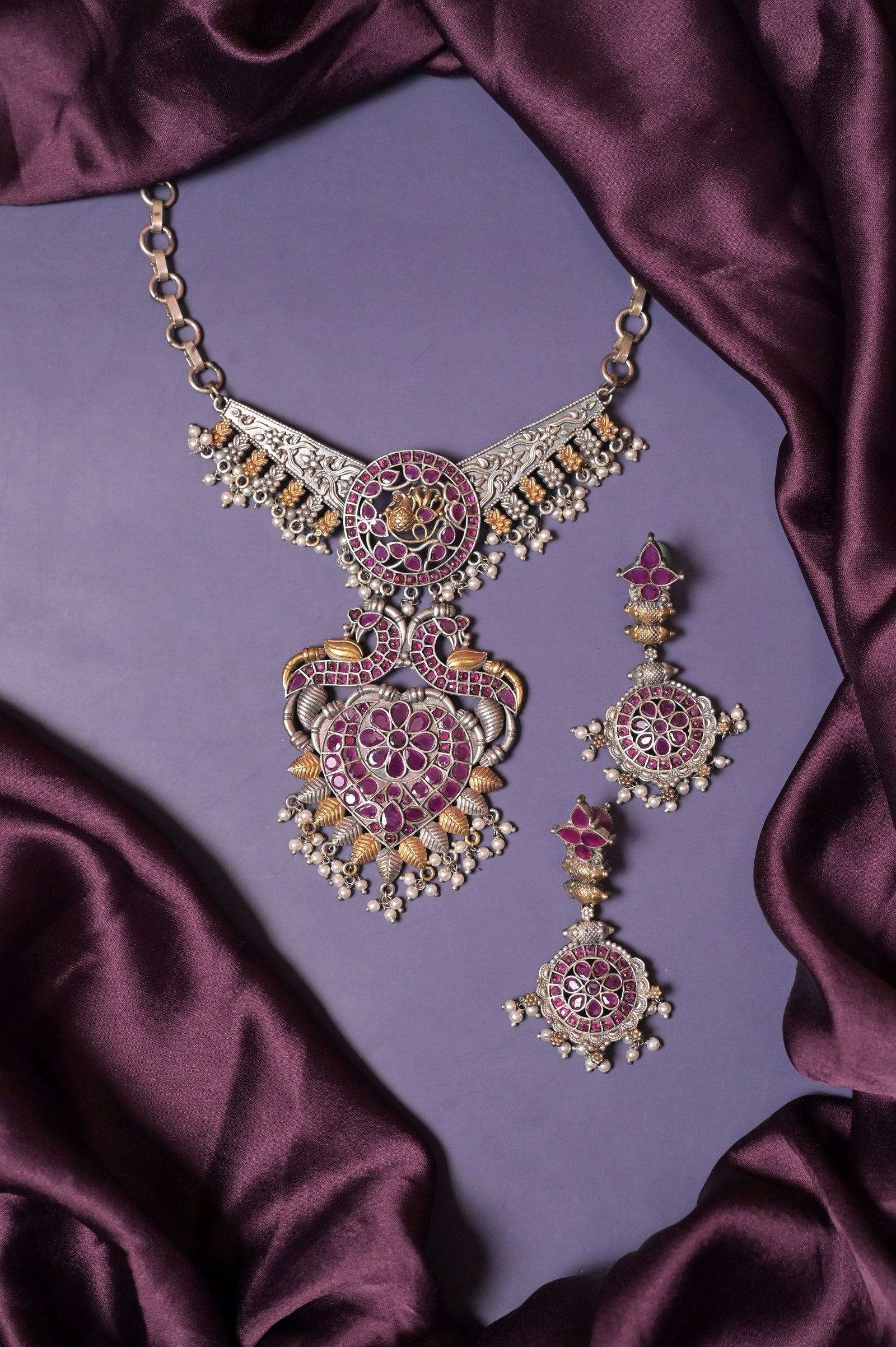 Dual-Tone Collar Necklace Set in Silver Replica with Monalisa Stone Work