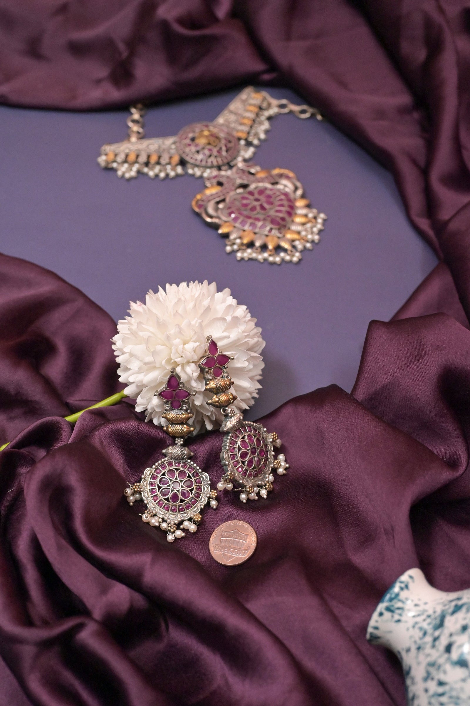 Dual-Tone Collar Necklace Set in Silver Replica with Monalisa Stone Work