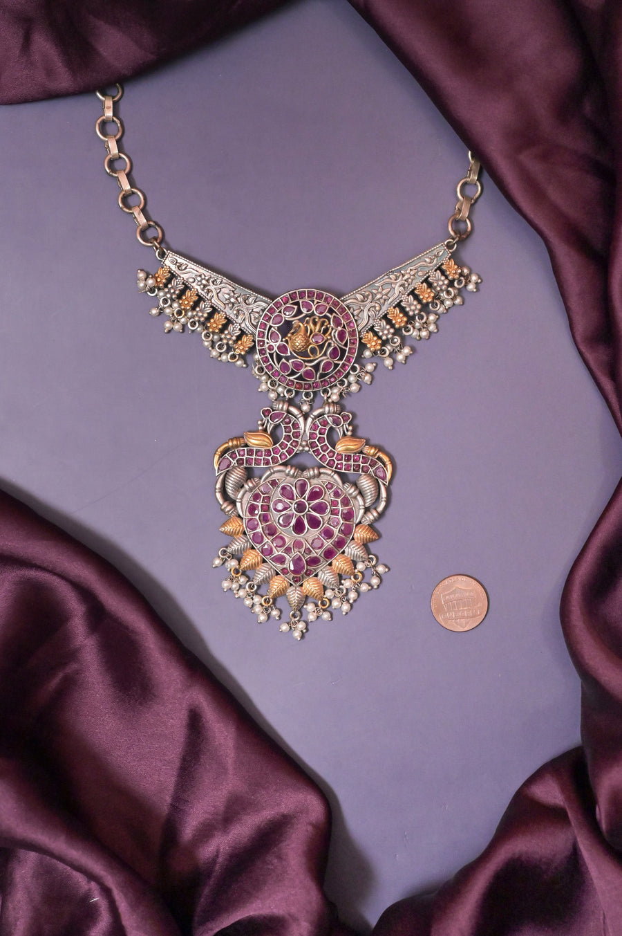 Dual-Tone Collar Necklace Set in Silver Replica with Monalisa Stone Work