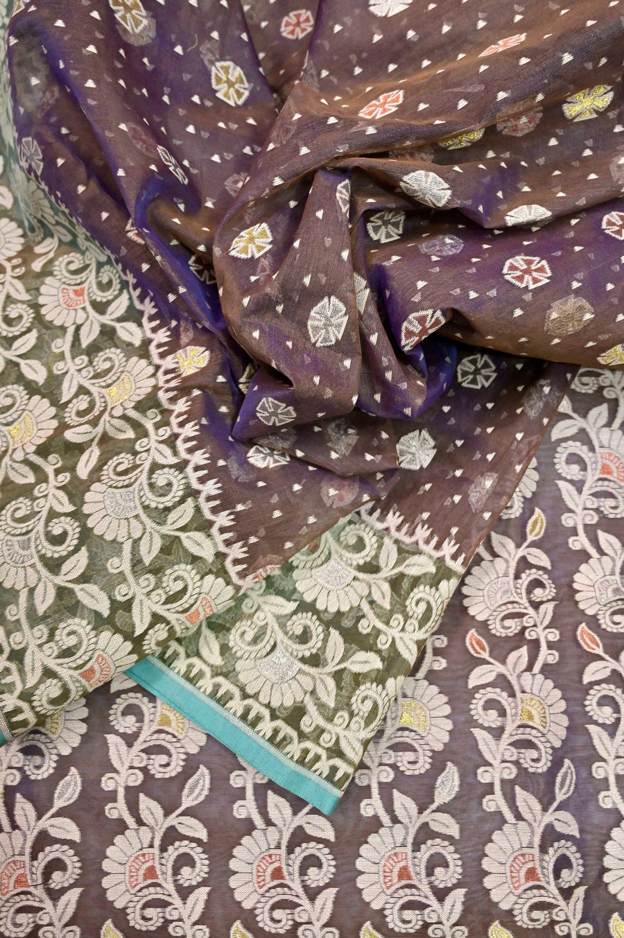 Dual Tone Purple and Suff Color Jamdani Saree with Allover Weaving