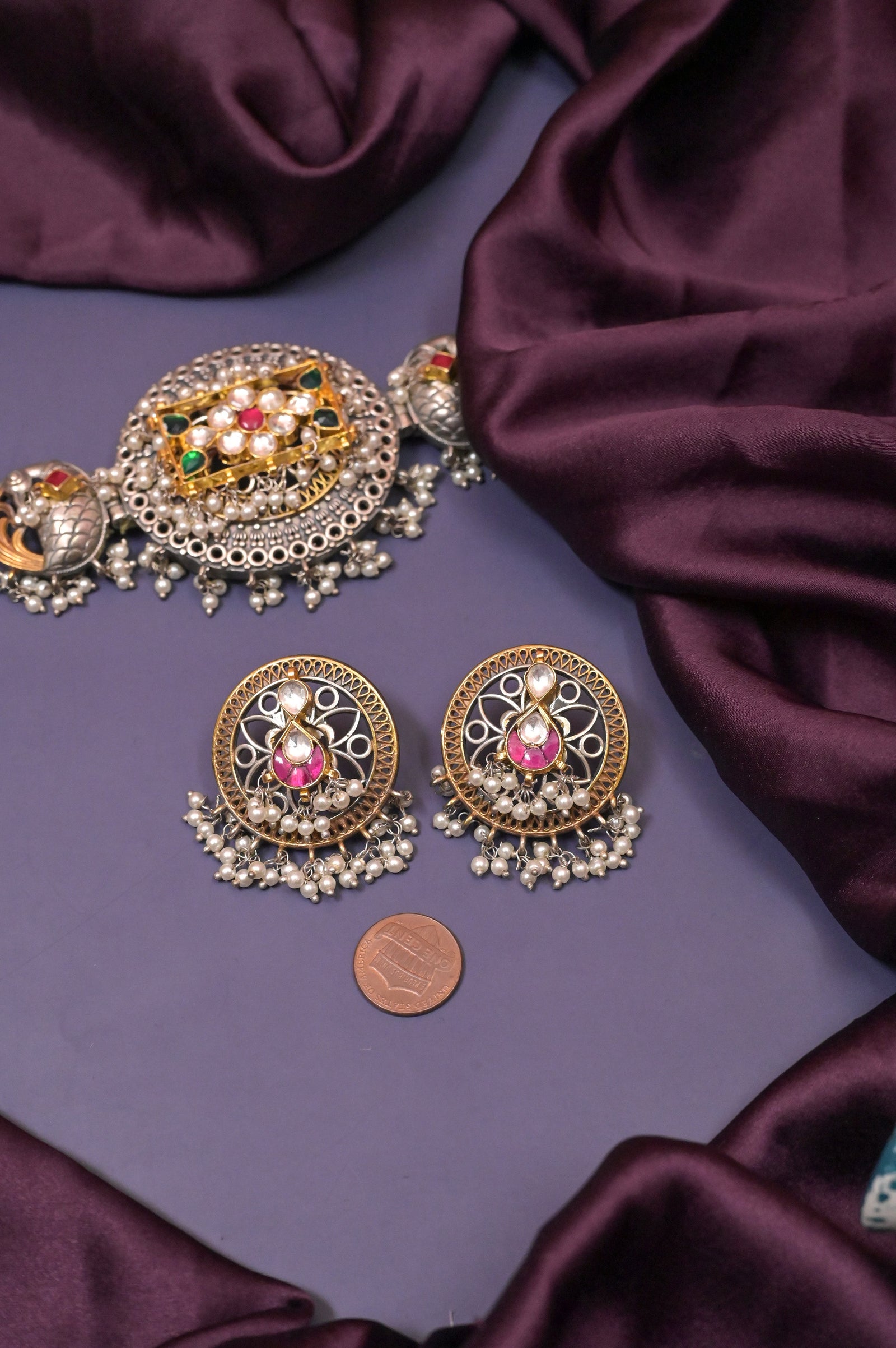 Dual Tone Rajasthani Style Choker Necklace Set in Silver Replica with Pachi Kundan Work