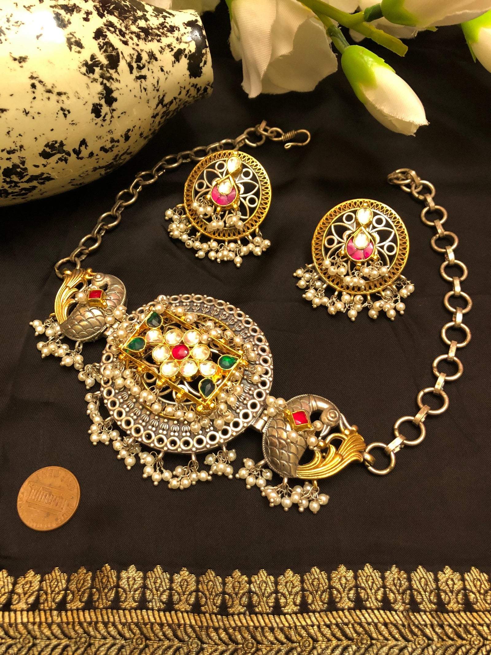 Dual Tone Rajasthani Style Choker Necklace Set in Silver Replica with Pachi Kundan Work