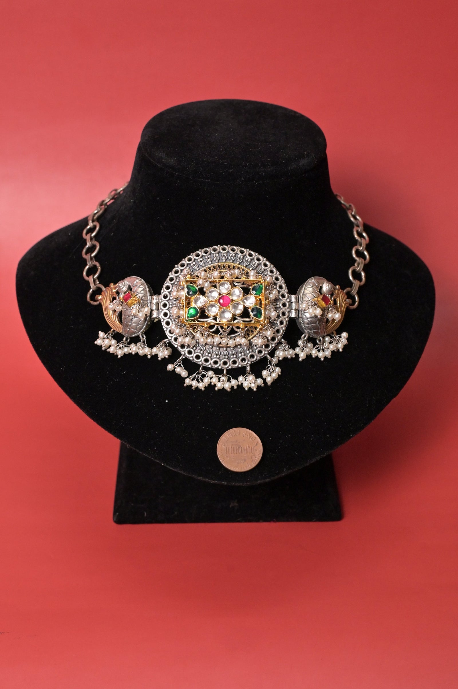 Dual Tone Rajasthani Style Choker Necklace Set in Silver Replica with Pachi Kundan Work