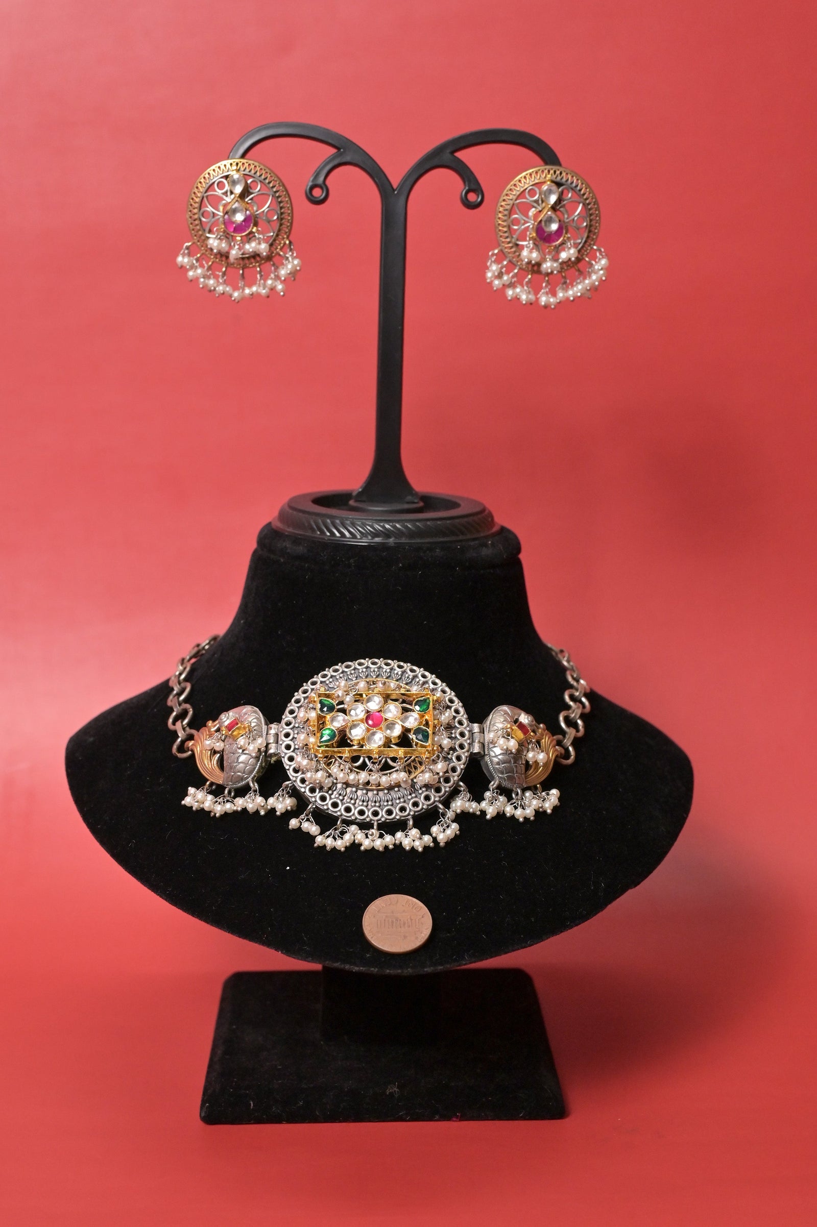 Dual Tone Rajasthani Style Choker Necklace Set in Silver Replica with Pachi Kundan Work