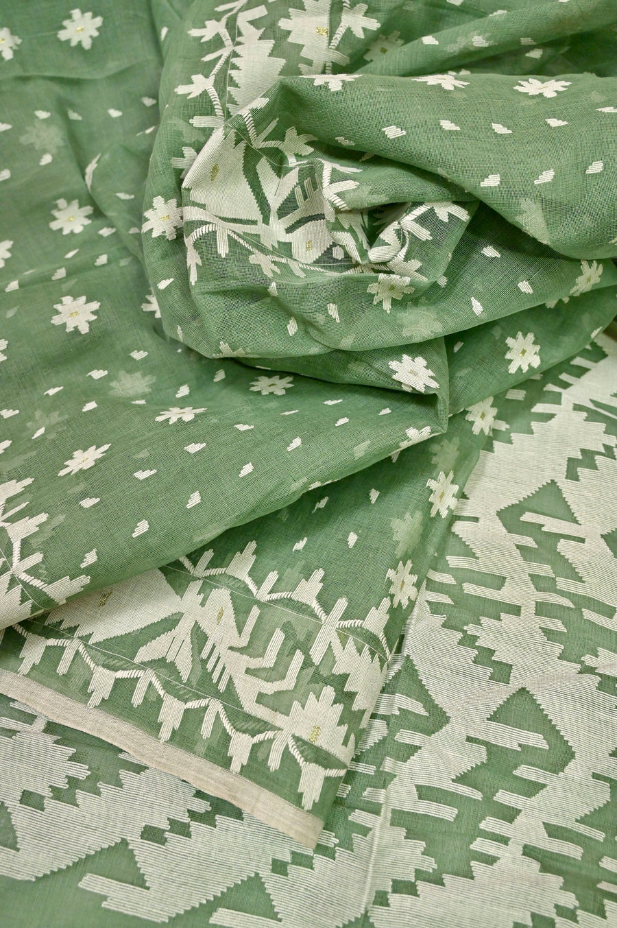 Dusty Green Color Pure Bangladeshi Jamdani Saree with Double Border