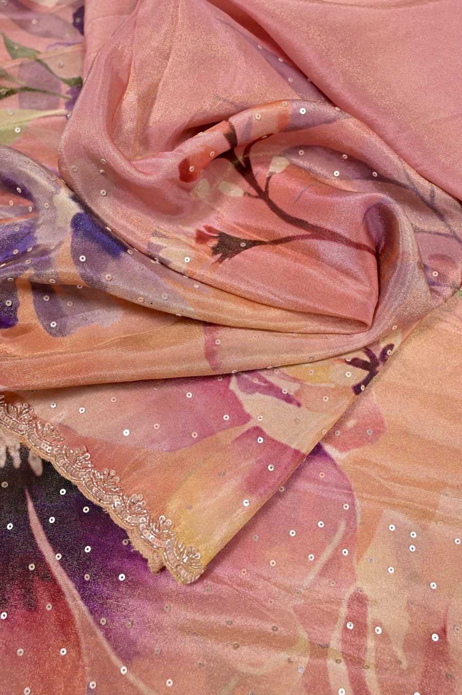 Dusty Pink Color Crepe Tissue Silk Saree with Allover Digital Print and Sequin Embroidery