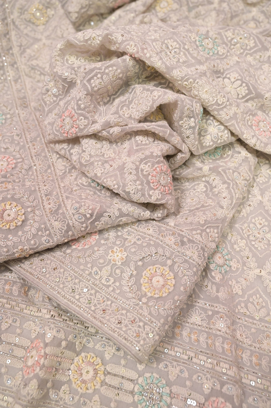 Dusty Pink Color Georgette Saree with Allover Chikankari and Hand Embroidery with Sequin Work and Piping Border
