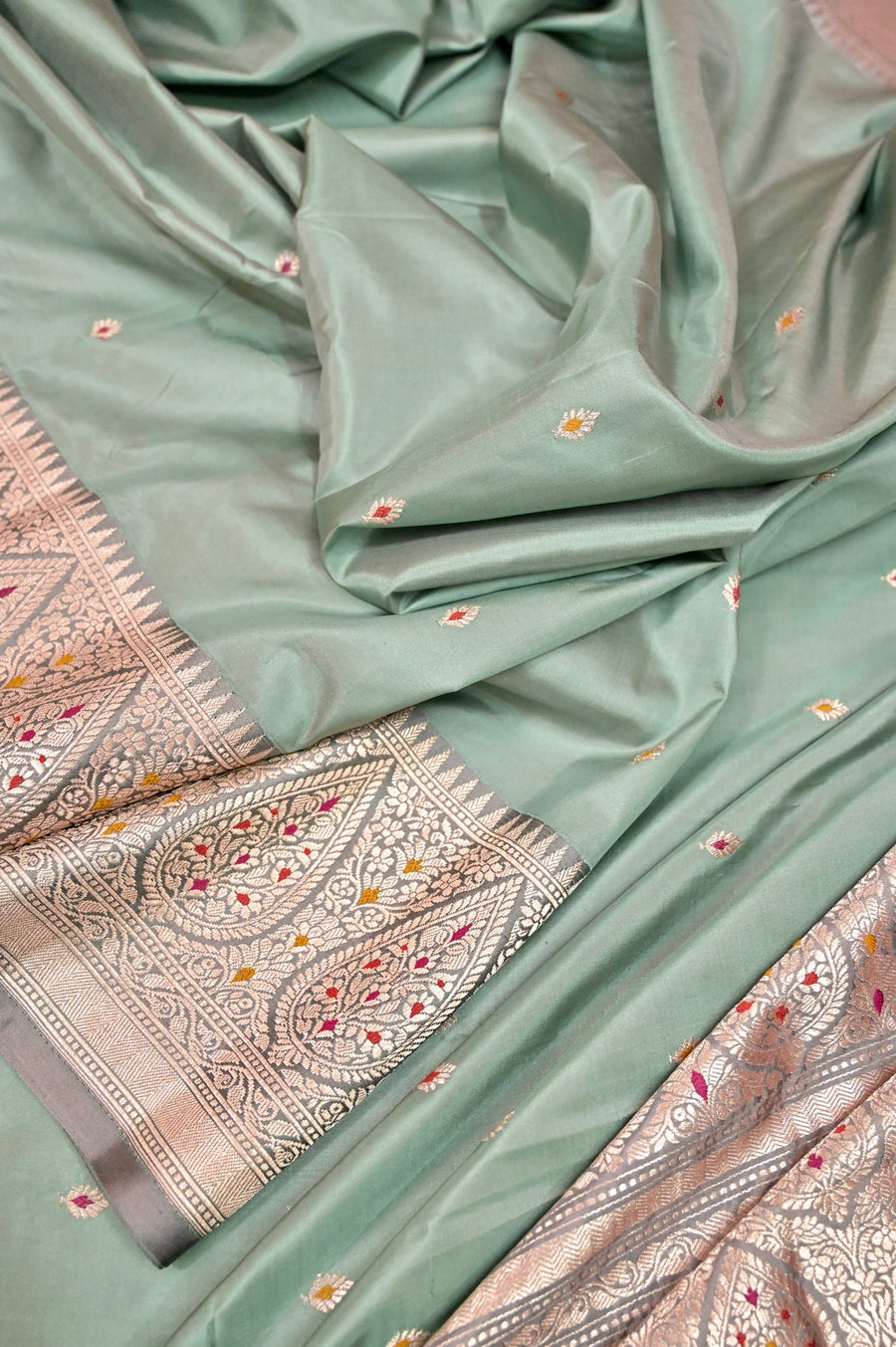 Dusty Pista Green Color Katan Silk Banarasi with Zari and Meenakari Work