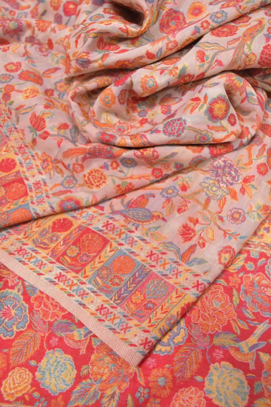 Dusty White Color Kani Silk Saree with Antique Zari and Meenakari Jaal Weaving Work