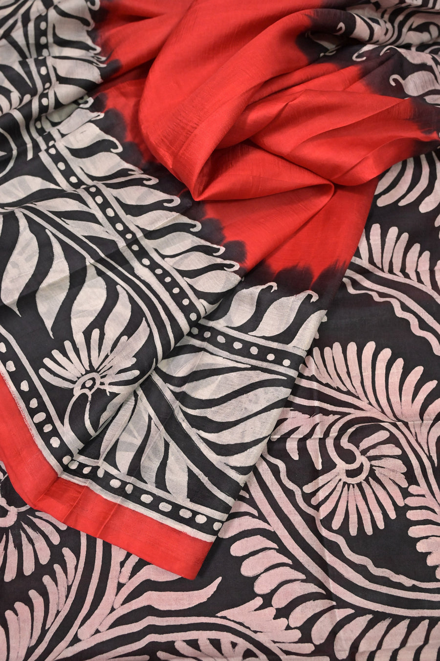 Elegant Hand Batik Bishnupur Silk Saree in Fiery Red and Classic Black