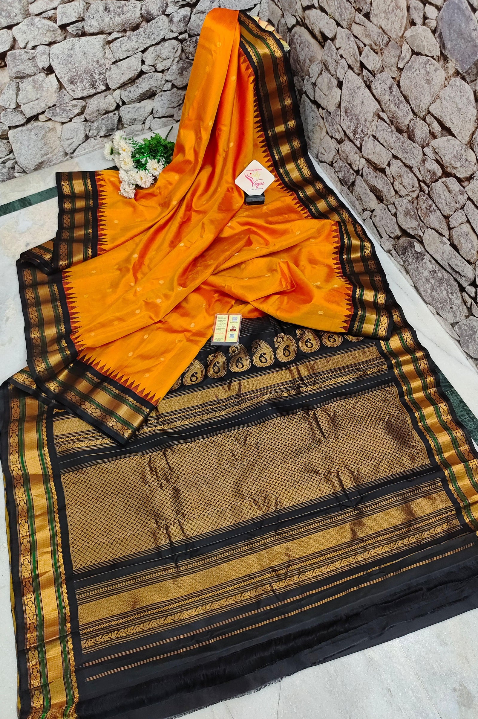 Fire Orange and Black Color Gadwal Silk Saree with Buti Work