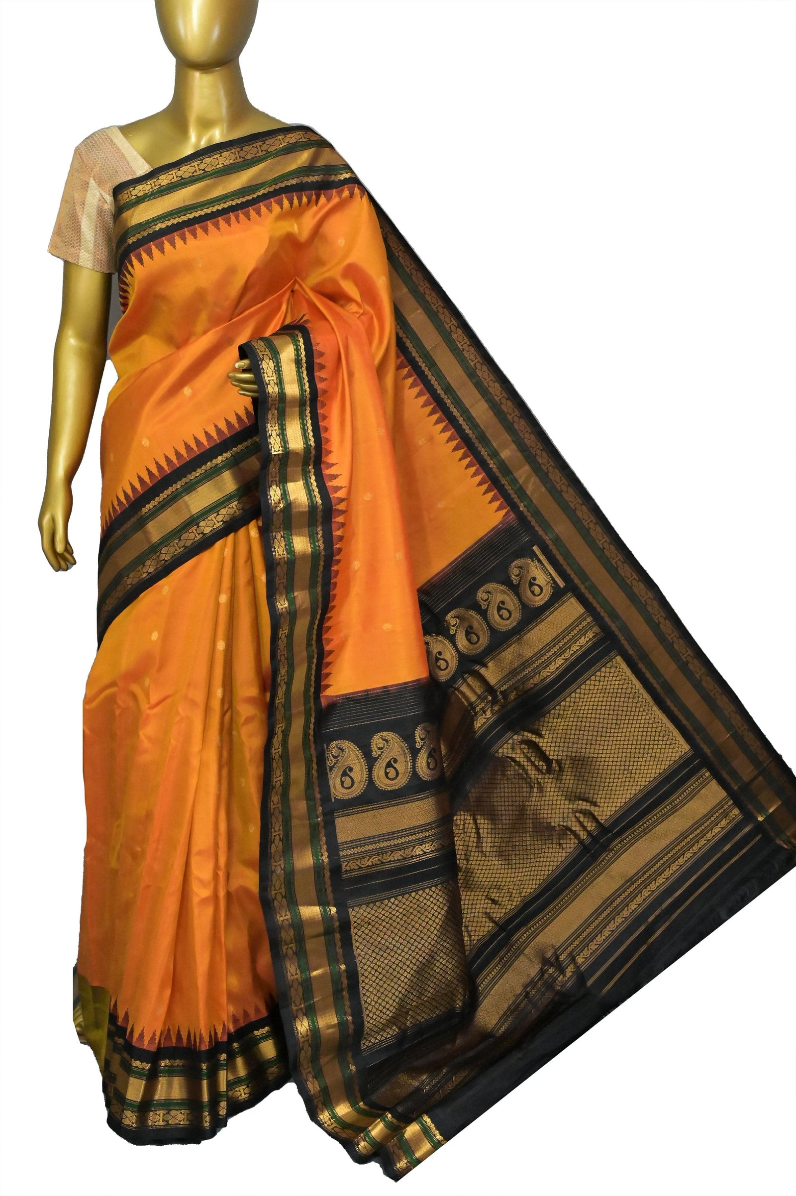 Fire Orange and Black Color Gadwal Silk Saree with Buti Work
