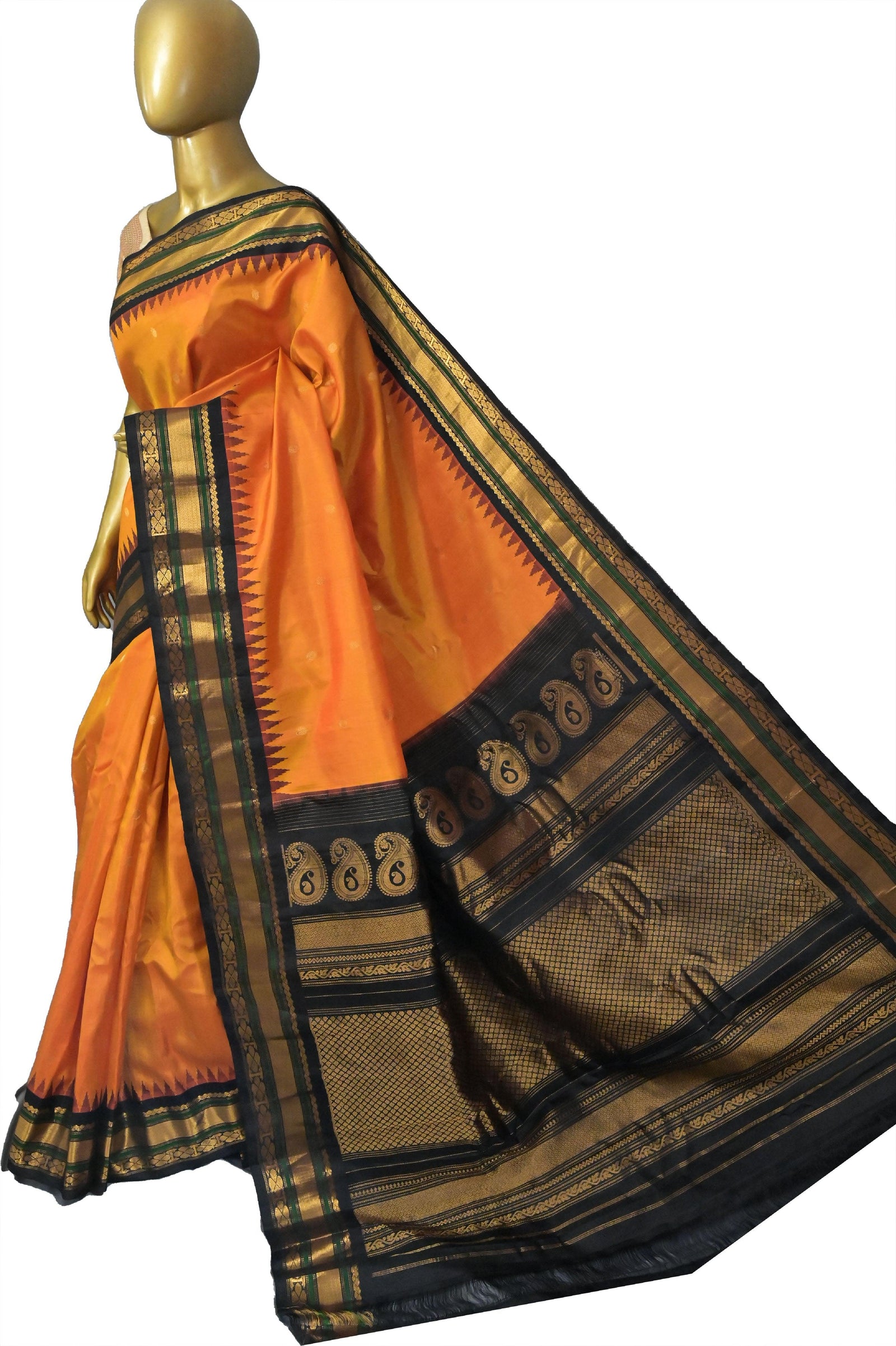 Fire Orange and Black Color Gadwal Silk Saree with Buti Work