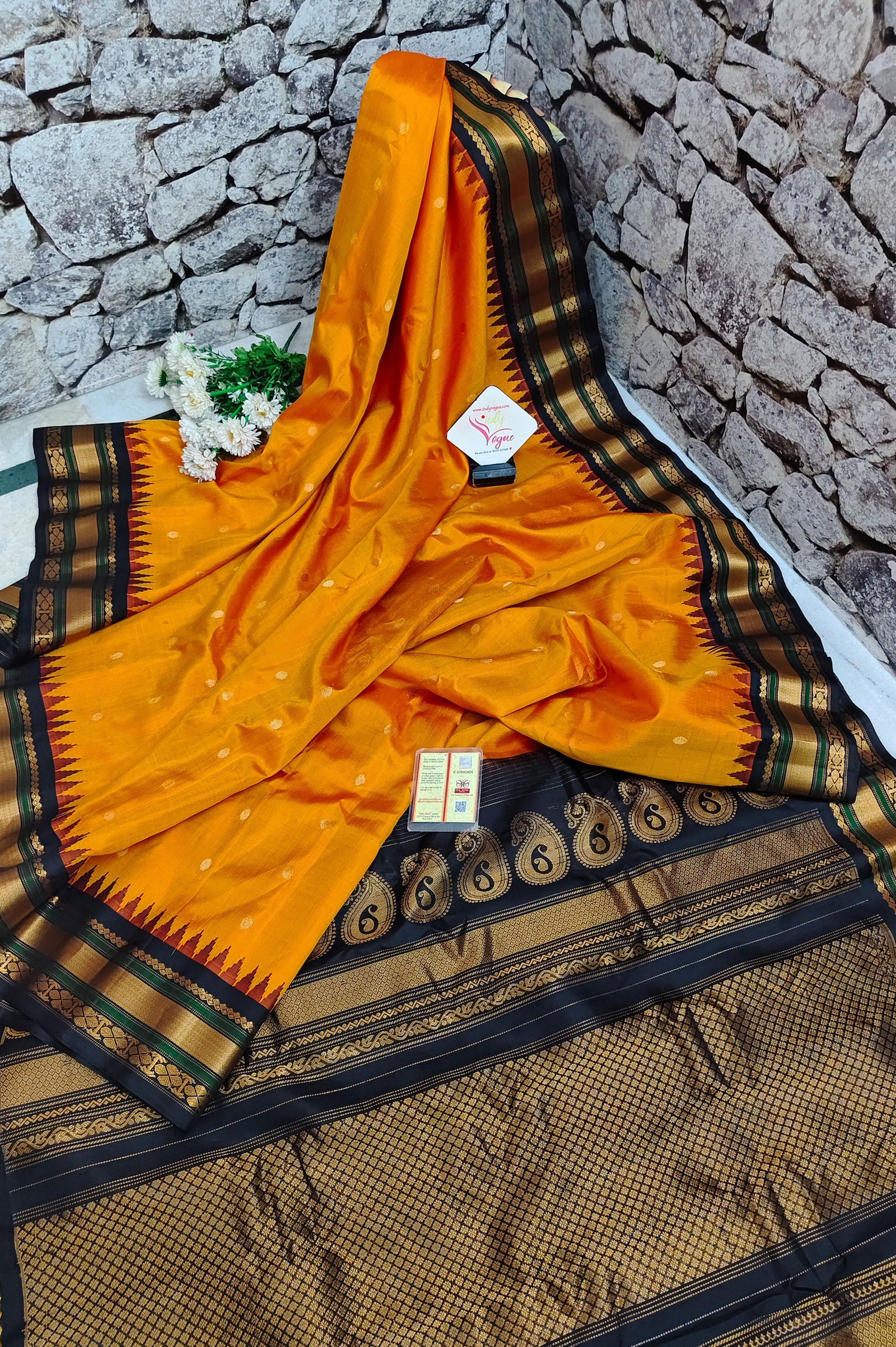 Fire Orange and Black Color Gadwal Silk Saree with Buti Work